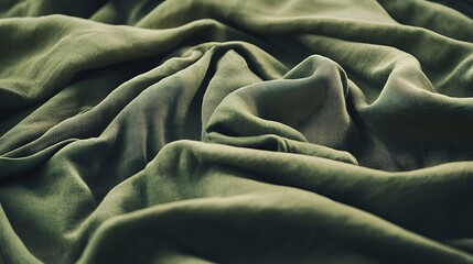 Textured green fabric with gentle folds and ripples creating a soft, inviting atmosphere, showcasing a play of light and shadow