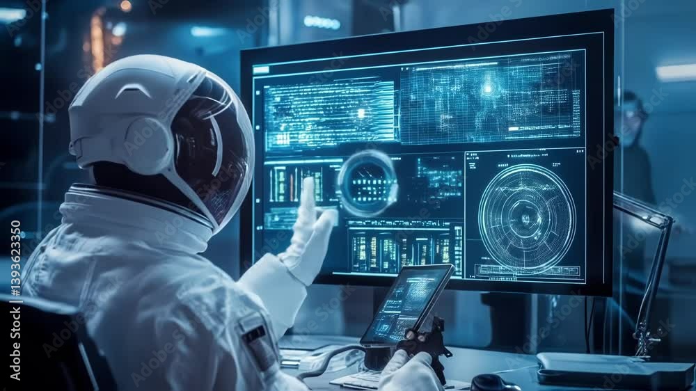 Poster flight control engineer wearing spacesuit uses computer and tablet to check data and control space m