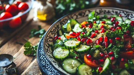 Colorful salad with cucumbers, tomatoes, pomegranate seeds, and herbs beautifully arranged in a decorative bowl on a wooden table, highlighting fresh ingredients
