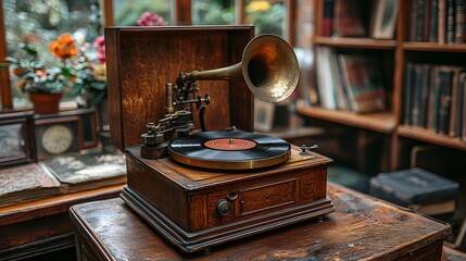 Obraz premium Antique gramophone in a cozy library