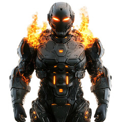 Fototapeta premium Robot with Flames Erupting from Body Isolated on Transparent Background