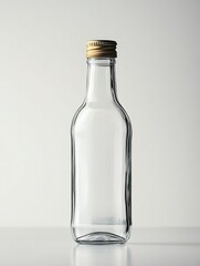 Fototapeta premium Clear Glass Tonic Bottle with Gold Screw Cap on White Background