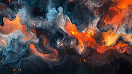 A vibrant abstract swirl of orange, blue, and gray fluid shapes creating a mesmerizing cosmic feel with hints of sparkle and glow
