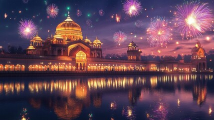 Obraz premium A grand building with fireworks over reflective water at night