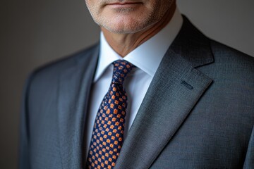 Close-up of a man's suit, showcasing the fabric texture and details of the jacket and tie