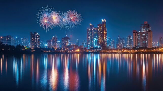 Fireworks illuminate over a city skyline reflecting in still water at night