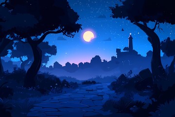 Moonlight Silhouette: Mystical Nightscape Illustration with Starry Sky and Trees in Whimsical Blue Tones - A Peaceful and Enchanting Forest Adventure
