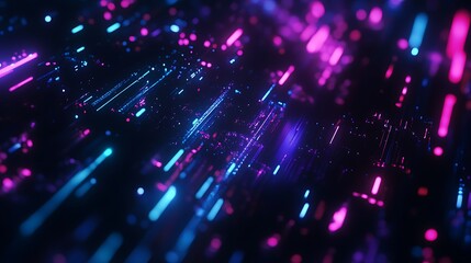 Vibrant digital abstract visualization with neon pink, blue, and purple light streaks creating a sense of motion and depth