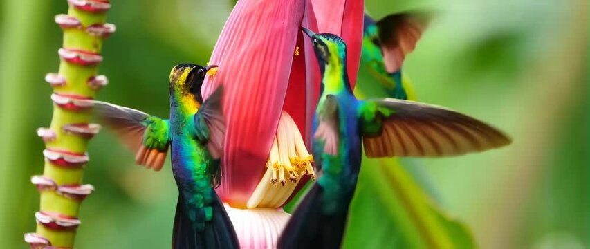 Anamorphic video of hummingbirds compete for nectar from pink banana flower