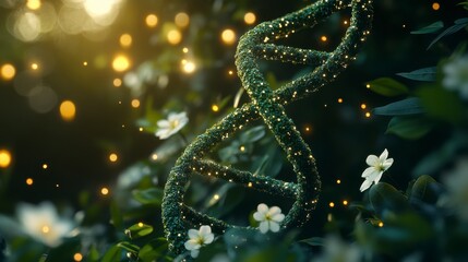 Glowing Green DNA Double Helix Among White Flowers and Golden Lights