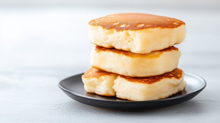 Stacked fluffy pancakes on a dark plate.  Golden brown, soft, and airy texture. Simple and delicious breakfast treat