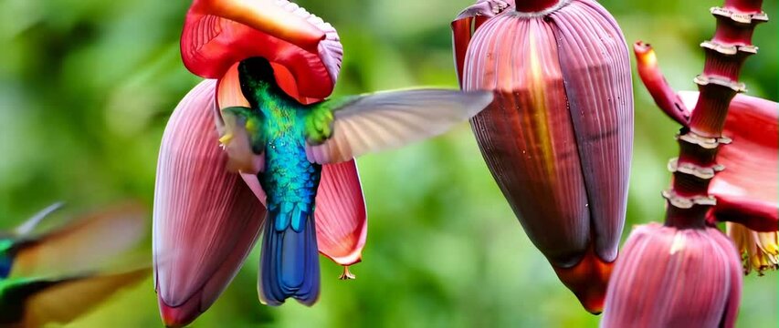 Anamorphic video of hummingbirds compete for nectar from pink banana flower