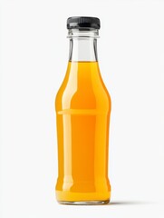 Orange Juice in a Clear Glass Bottle with Black Cap on White Background