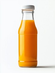 Orange Juice in Clear Glass Bottle with White Cap on White Background
