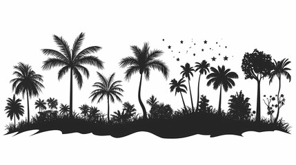 Exotic Black and White Palm Trees Silhouette - Tropical Scenery Illustration | Nature Background & Botanical Elements