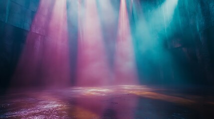A vibrant scene showcasing an empty underground space with colorful lights creating a mystical ambiance, reflecting on the wet surface, producing an enchanting atmosphere