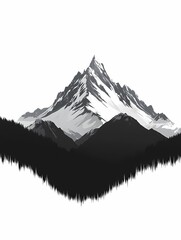 Stunning Black and White Mountain Landscape Illustration: Minimalistic Nature Art with a Scenic View of Snowy Peaks and Pine Forest Silhouettes