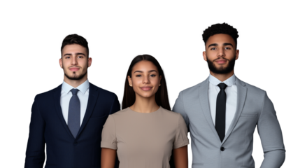 Professional business team, two men in suits and one woman, standing side by side on a transparent background