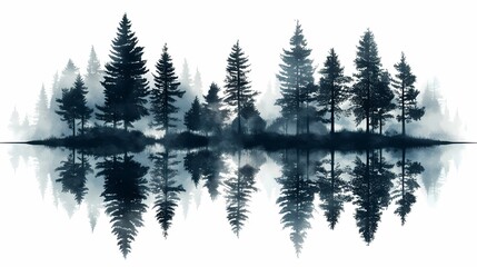 Serene Forest Reflection: Tranquil Nature Landscape with Misty Mountains and Pine Trees