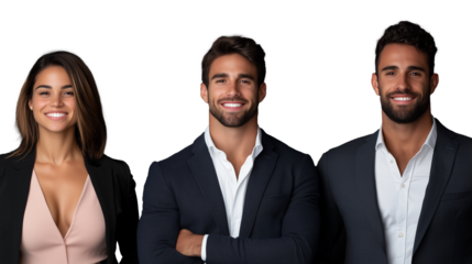 Three smiling business professionals, two men and one woman, dressed formally on a transparent background