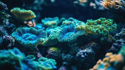 Obraz premium Vibrant coral formations thrive in a deep blue underwater scene, showcasing intricate textures and captivating marine life