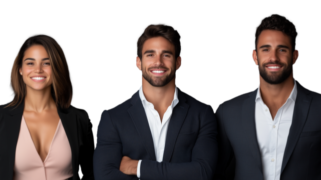 Three smiling business professionals, two men and one woman, dressed formally on a transparent background
