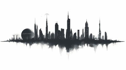 Modern Metropolitan Artistry: Futuristic Urban Skyline Silhouette and Cityscape Reflection in Black and White Photography
