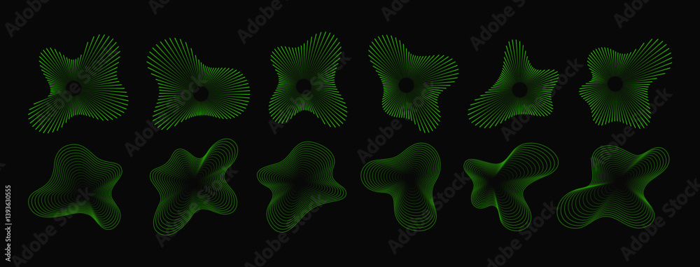 Poster Abstract Circular Sound Wave Shapes. Vector Ripple Line Sounwave Pattern. Radial Audio Voice Effect.