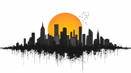 Cityscape Silhouette Vector: Stunning Urban Skyline at Sunset with Minimalist Design