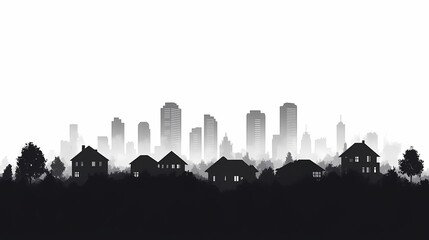 Minimalist Urban Skyline Silhouette: Modern Architecture Meets Nature in Suburban Evening Tranquility