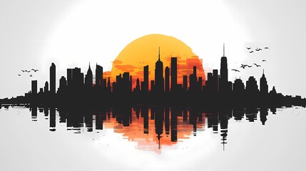 Urban Sunset Reflection: Vibrant Skyline Silhouettes Against a Calm, Colorful Cityscape Horizon
