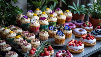 Fototapeta premium Delightful display of cupcakes and donuts adorned with fresh fruit and flowers.