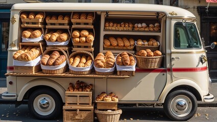 A beautifully arranged mobile bakery offers a tempting array of fresh breads and pastries.