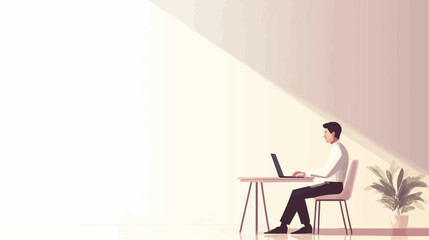 Fototapeta premium Asian man doing a virtual job interview at home using a laptop. Clean and calm modern illustration, perfect for remote work, HR topics, or online career tips