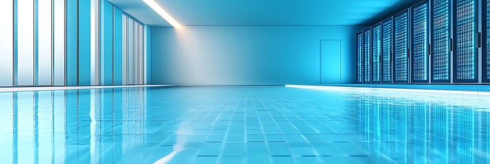 Modern server room with reflecting pool