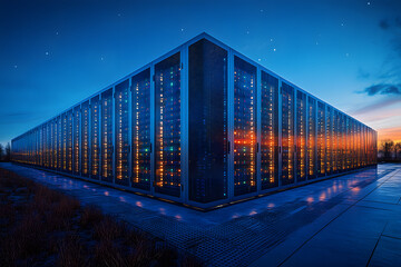 Exterior View of a Modern Data Center at Dusk