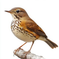 Fototapeta premium Brown Thrush Perched on Branch Isolated on White Background