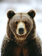 Obraz premium Brown bear portrait; a close-up view of the animal's face set against a blurred snowy background.