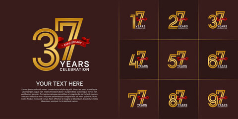 Anniversary logo style double line number set. golden color with red ribbon for celebration event