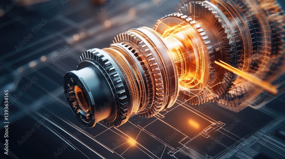 Poster advanced mechanical system design with annotations on a wide screen, high-tech background