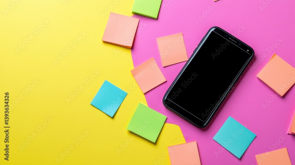Poster app prototype testing tools with smartphone, sticky notes, and testing checklist