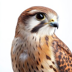 Obraz premium Closeup Portrait of a Brown Kestrel with White Chest Against White Background