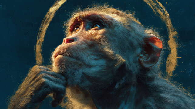 Illustration of a monkey with a pensive expression, hand propped under chin, fur in subtle orange and grey hues