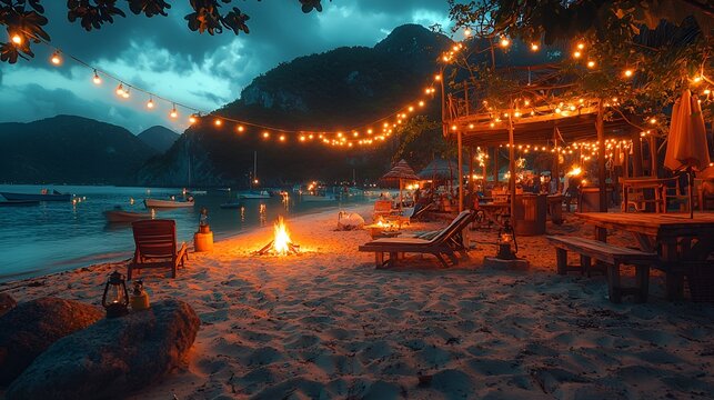 Beach bonfire party at sunset