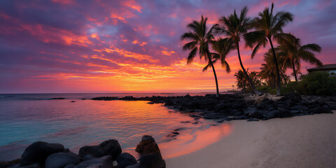 white sand beach, hawaii, kauai island, poipu beach, winter, sunset, red sky, palm trees