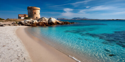 Fototapeta premium white sand beach, italy, sardinia island, la pelosa beach, spring, morning, clear water