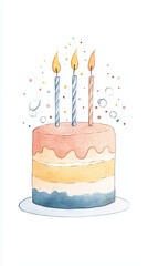 Birthday cake with candles and confetti on a white background  