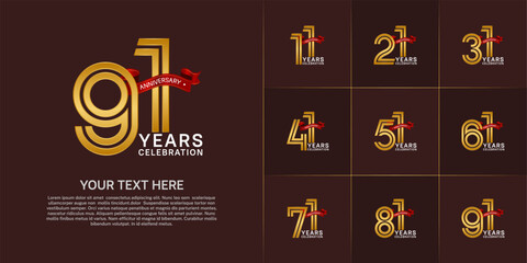 Anniversary logo style double line number set. golden color with red ribbon for celebration event