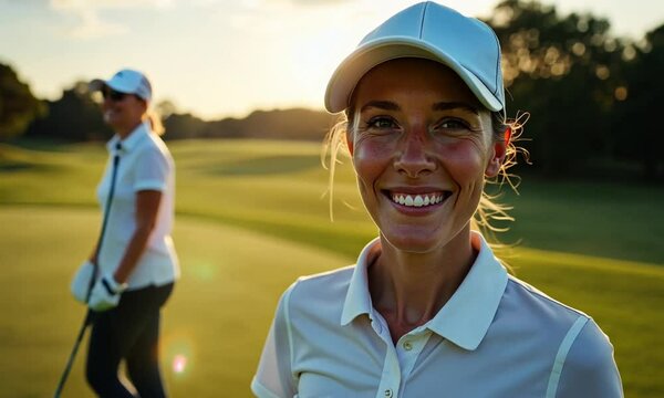 Woman golfer and caddy walking across the golf course during a competition


