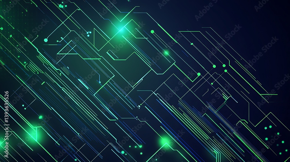 Fototapete Abstract digital background featuring vibrant green and blue angular lines and geometric shapes against a dark backdrop, creating a sense of movement and energy with a dynamic and futuristic feel